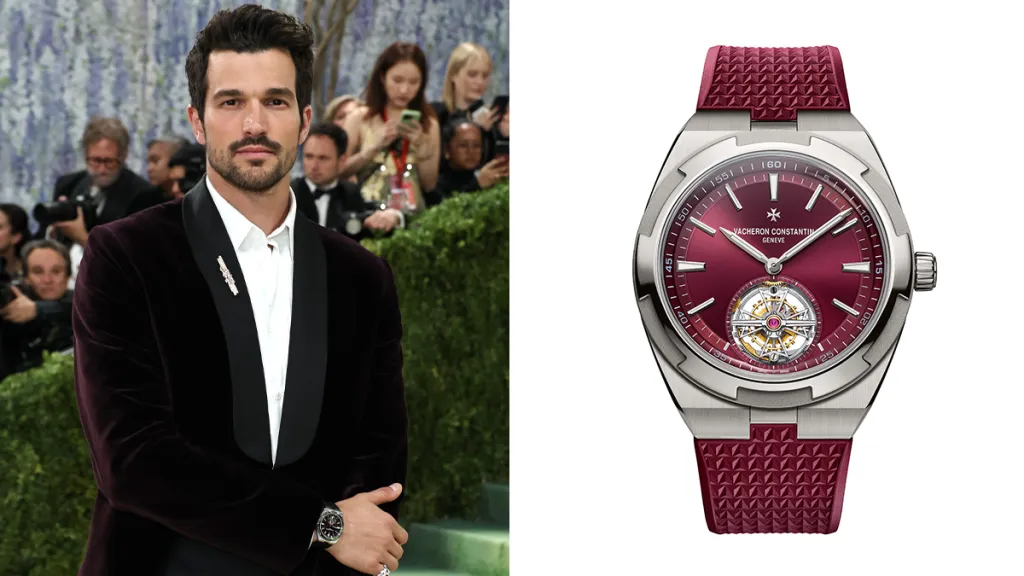 Two-panel image: left shows a man in a burgundy velvet suit on a red carpet wearing a silver wristwatch; right is a close-up of a pink-dial luxury watch with a textured pink strap.