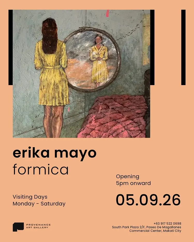 Poster for Erika Mayo Formica: peach background with a painting of a woman in a yellow dress facing a round mirror.