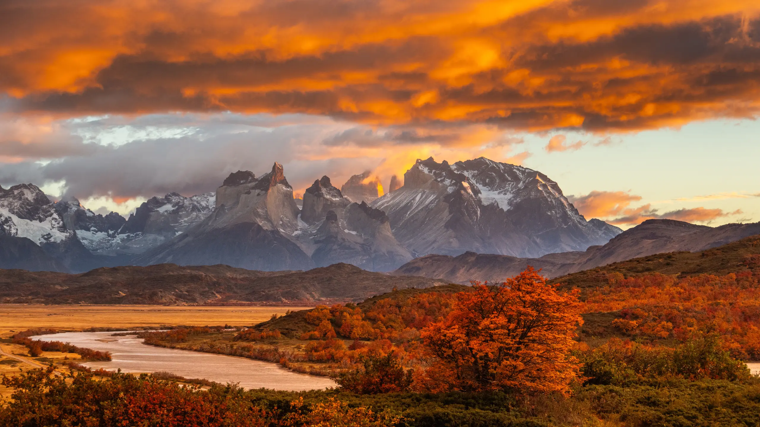 Snow-capped jagged mountains at sunset with orange autumn trees in the foreground.
