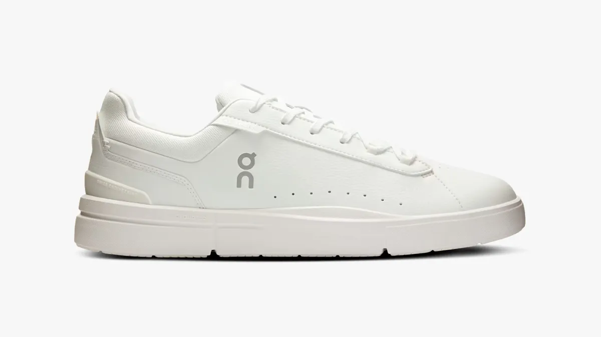 White low-profile running sneaker with a light gray On logo on the mid-side and a chunky sole.