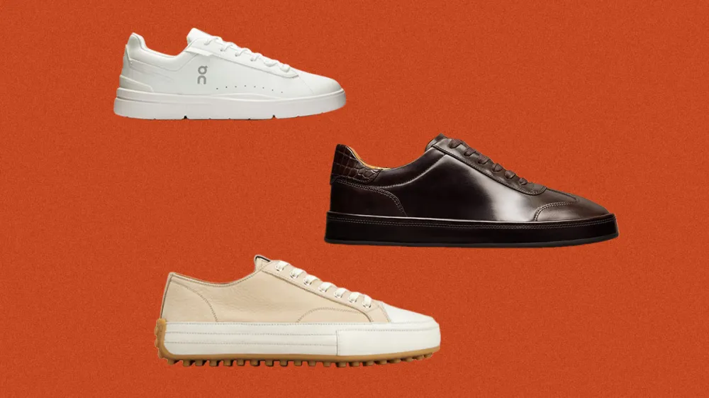 Three sneakers in white, black, and beige float against an orange background, arranged diagonally from top left to bottom right used as a fashion hero image.