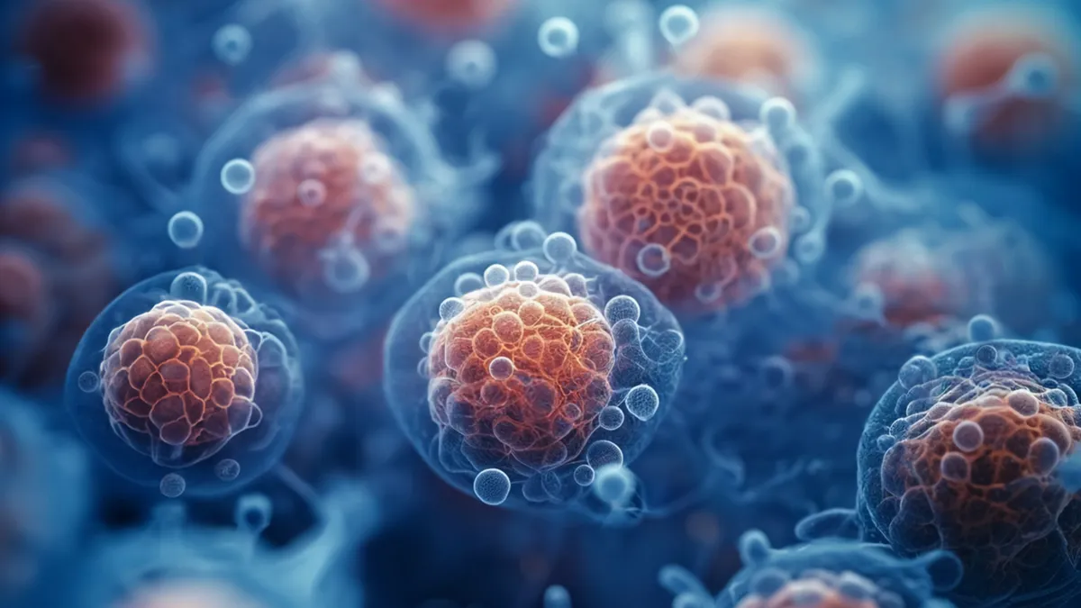 Close-up illustration of round cellular structures enclosed in transparent bubbles, floating in a blue background, suggesting microscopic cells at high magnification.