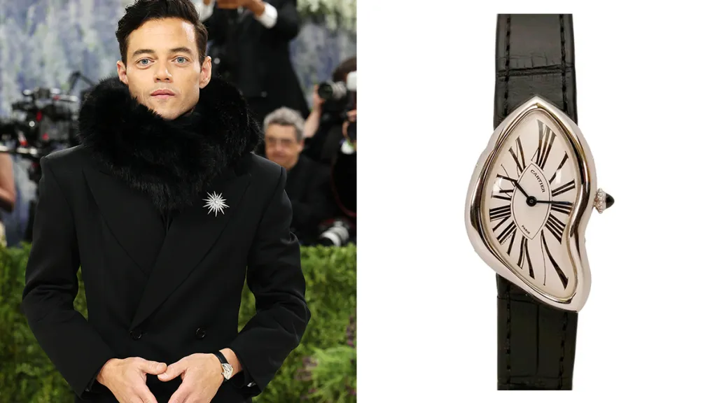 Left: a man in a black double-breasted coat with a fur collar and star brooch at a formal event, and right: a melting-style Cartier wristwatch with a black leather strap.
