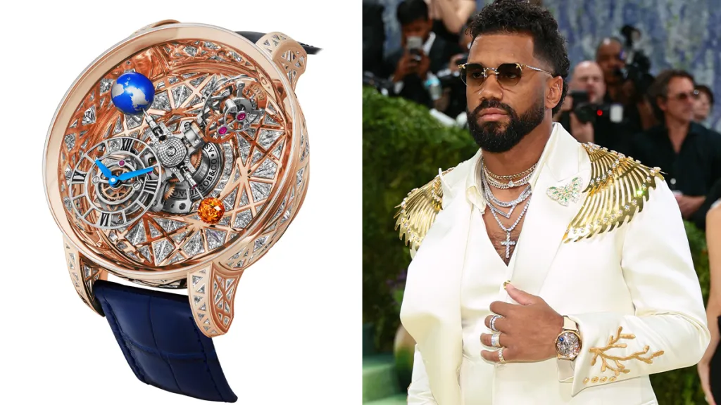 Rose-gold skeleton watch with diamonds and a blue strap beside a man in a white suit with gold wing epaulettes and multiple chains.