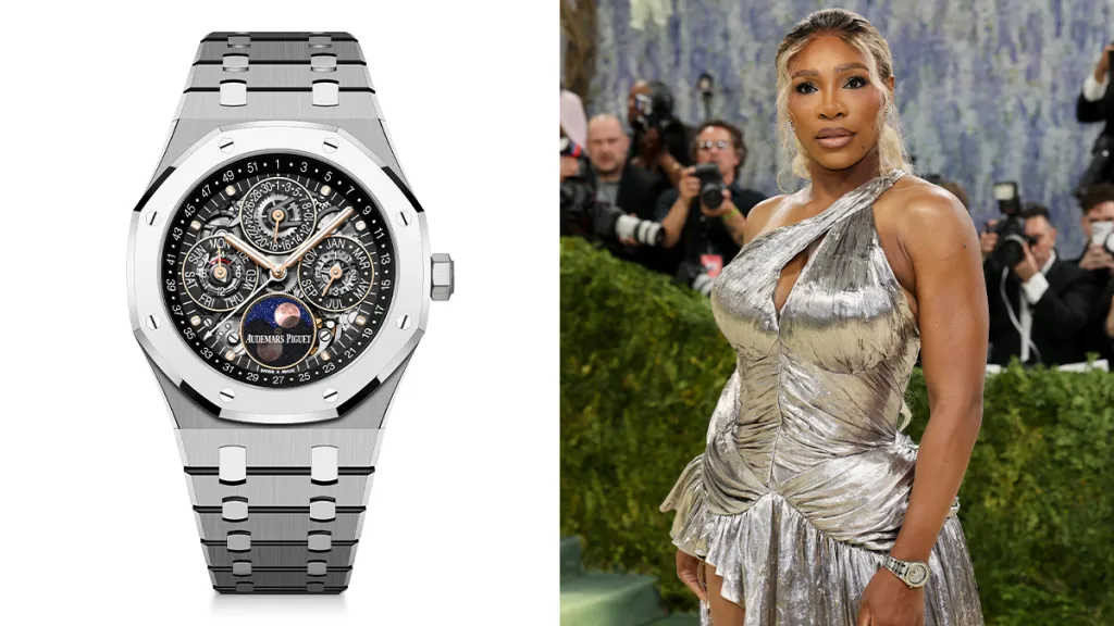Left: silver luxury wristwatch with an exposed mechanism; right: woman in a metallic silver gown on a red carpet, wearing a watch.