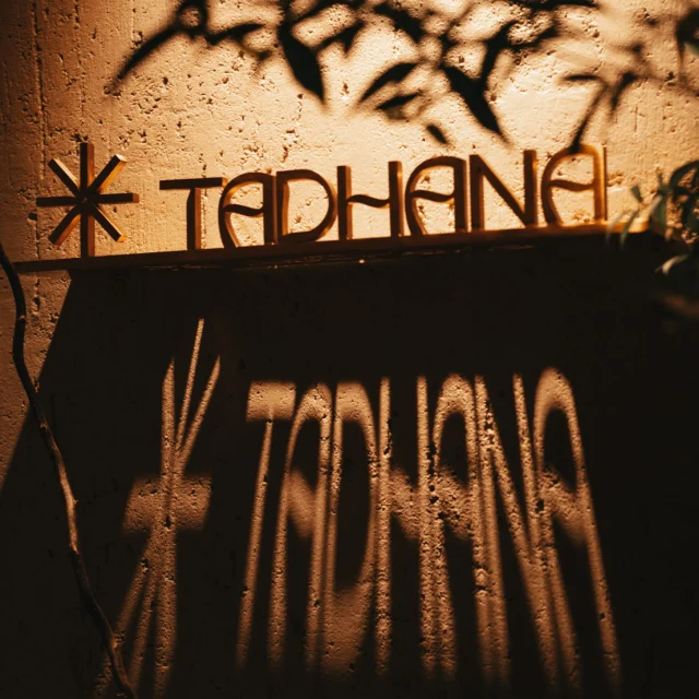 Orange-lit textured wall featuring a metal asterisk symbol and the word 'TEDHANEL' cast in shadows by nearby foliage.