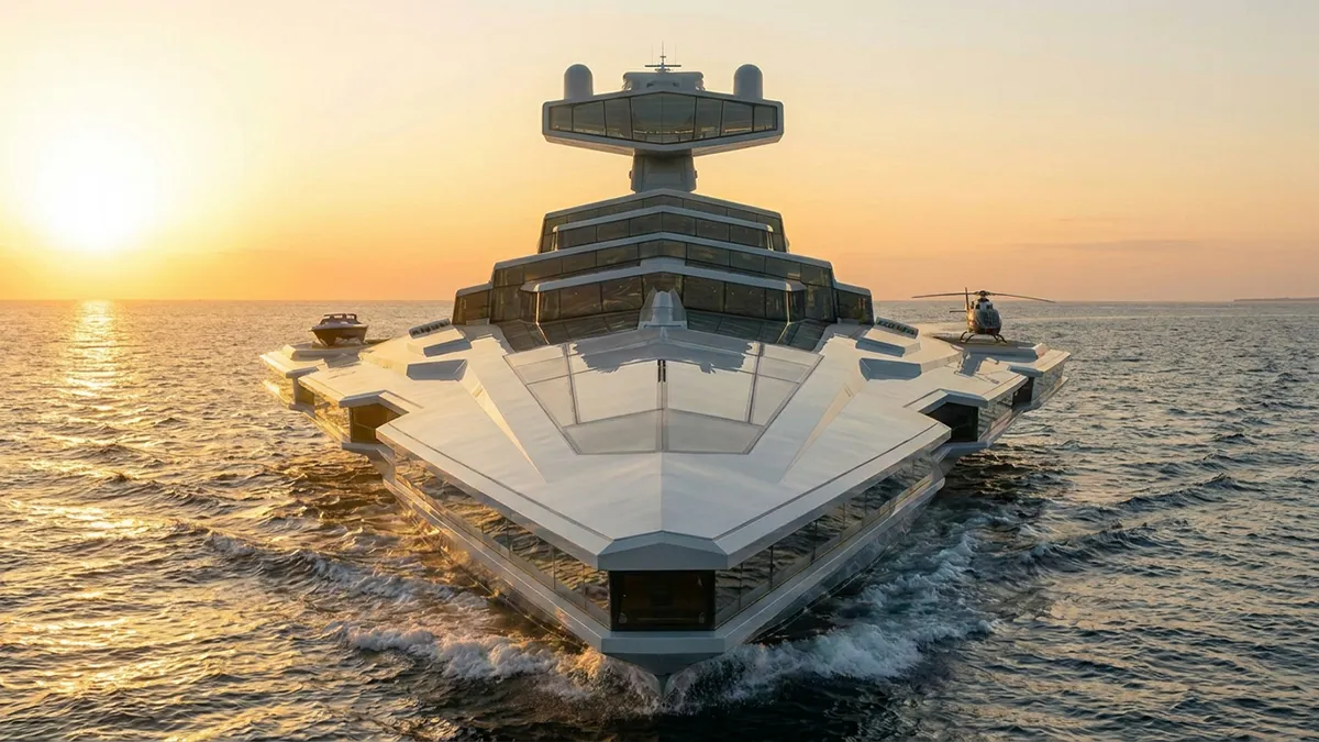 Futuristic white luxury yacht at sunset on calm seas, with a helicopter on the right deck and angular glass windows along the hulls.