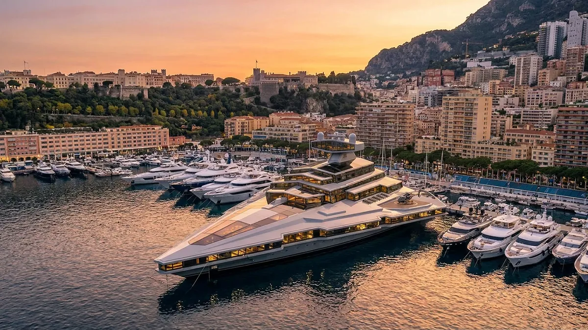 Large white multi-deck luxury yacht docked in a busy marina at sunset, surrounded by numerous smaller boats with a cityscape and hills in the background.