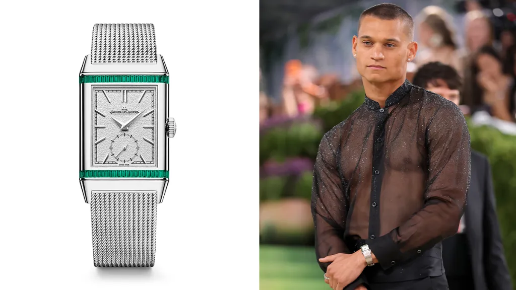 Two-panel product photo: left shows a silver rectangular wristwatch with a mesh band and green bezel; right shows a fashion model wearing a sheer black shirt with a watch on his wrist.