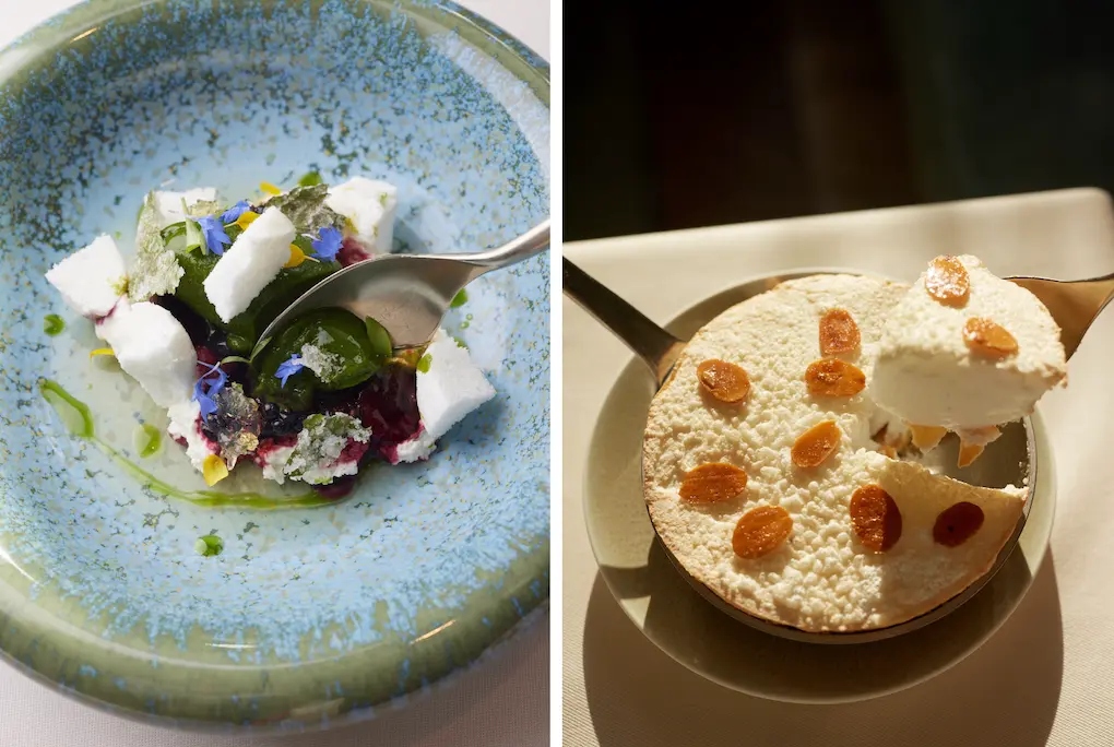 Left: colorful plated dish with greens, cheese, and edible flowers; right: round mousse-like dessert with almond slivers in a small dish