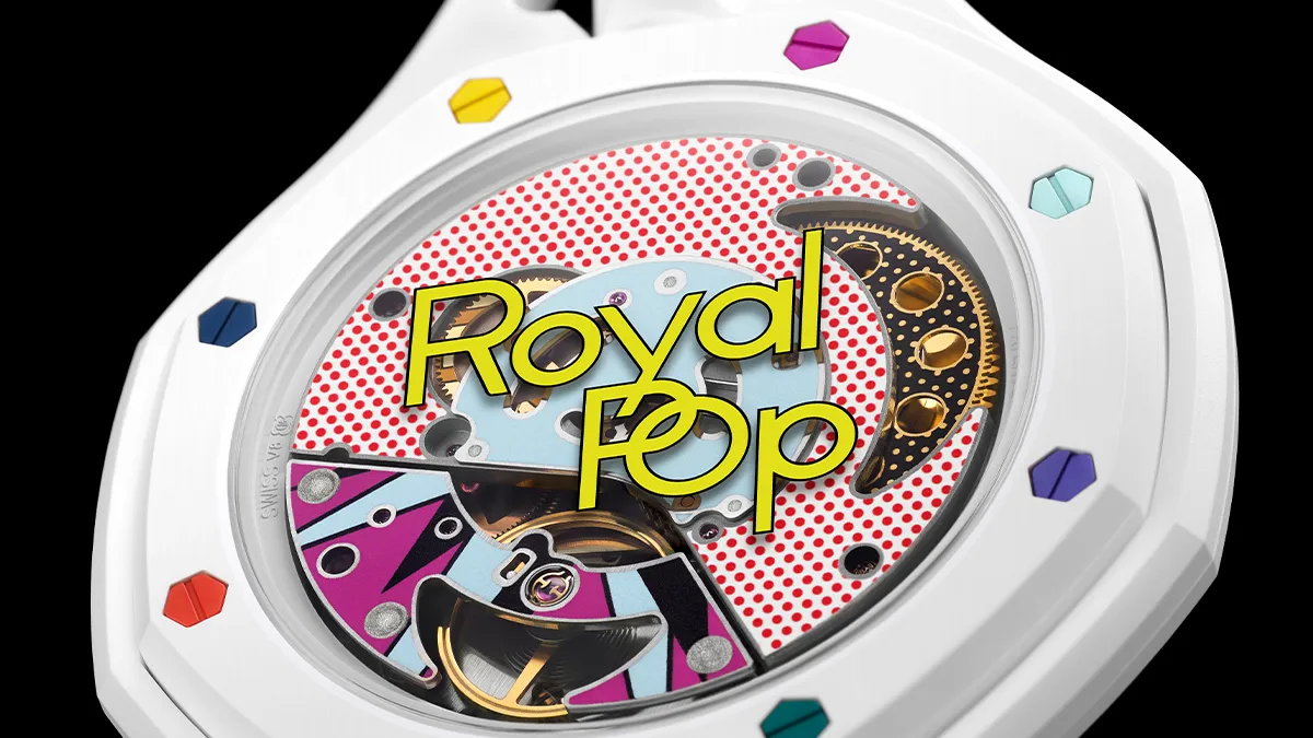 Close-up of a white watch with exposed gears, a red dotted background, and a bold yellow 'Royal Pop' logo.