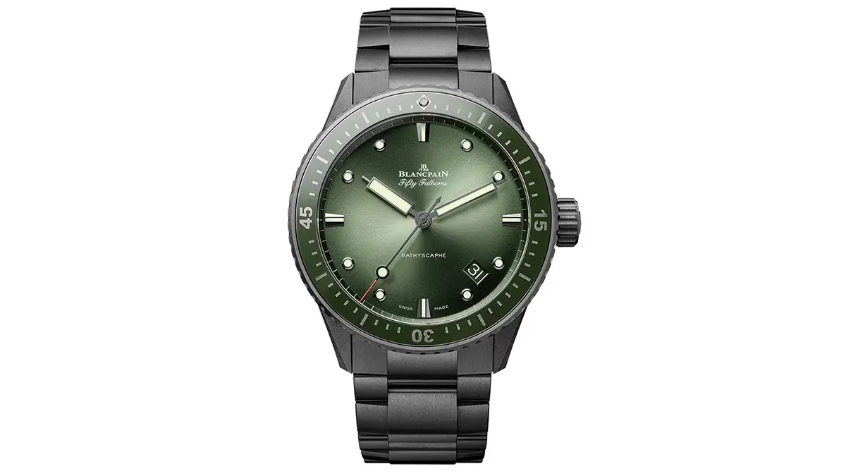 Blancpain Fifty Fathoms Bathyscaphe dive watch with green dial, green bezel, and metal bracelet.