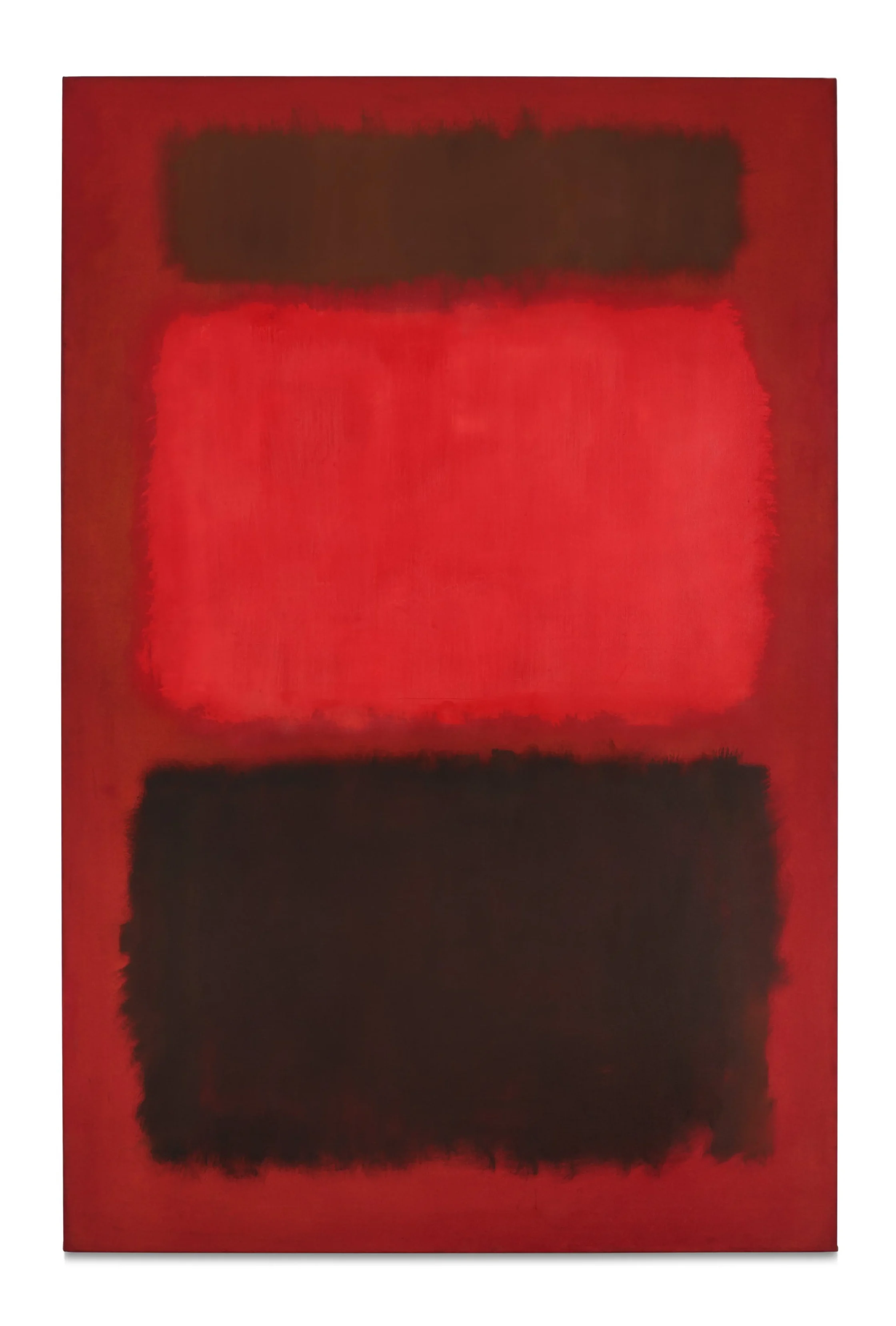Abstract red painting featuring two dark rectangular blocks, one near the top and one near the bottom, creating a vertical composition.