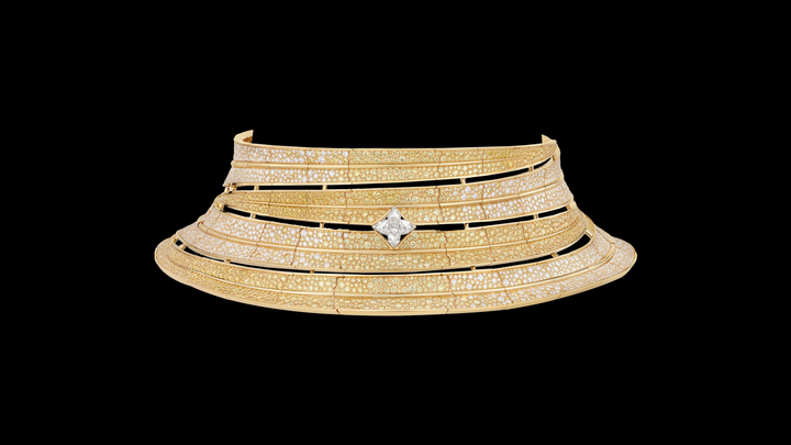 Gold layered diamond-encrusted choker necklace on a black background, with a central diamond accent and intricate band design.