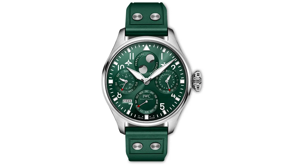 IWC pilot-style wristwatch with green dial, moon phase window, multiple subdials, and green strap.