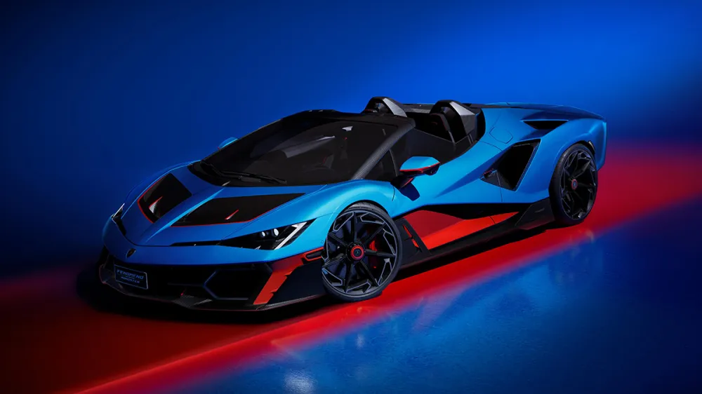 Blue and black convertible sports car with red accents on a glossy, blue-lit surface.