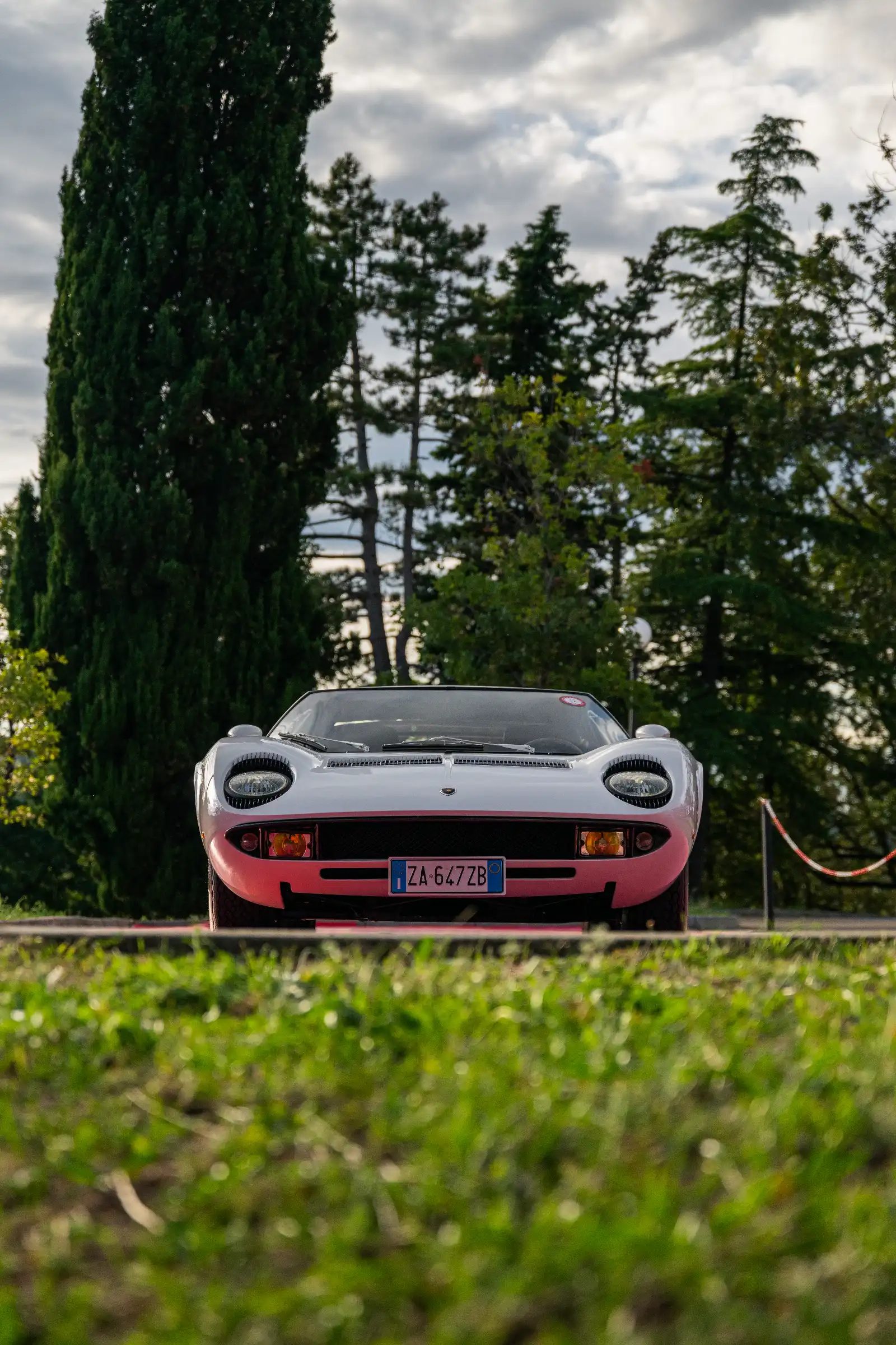 Front view of a white and pink vintage sports car on a road, with tall trees and cloudy sky in the background and a visible license plate.",