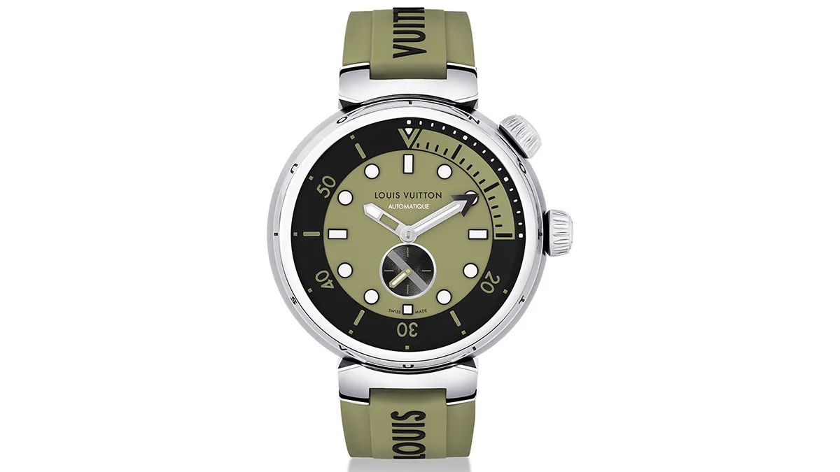 Louis Vuitton automatic wristwatch with an olive green dial, black inner ring, and silver case on a green strap.