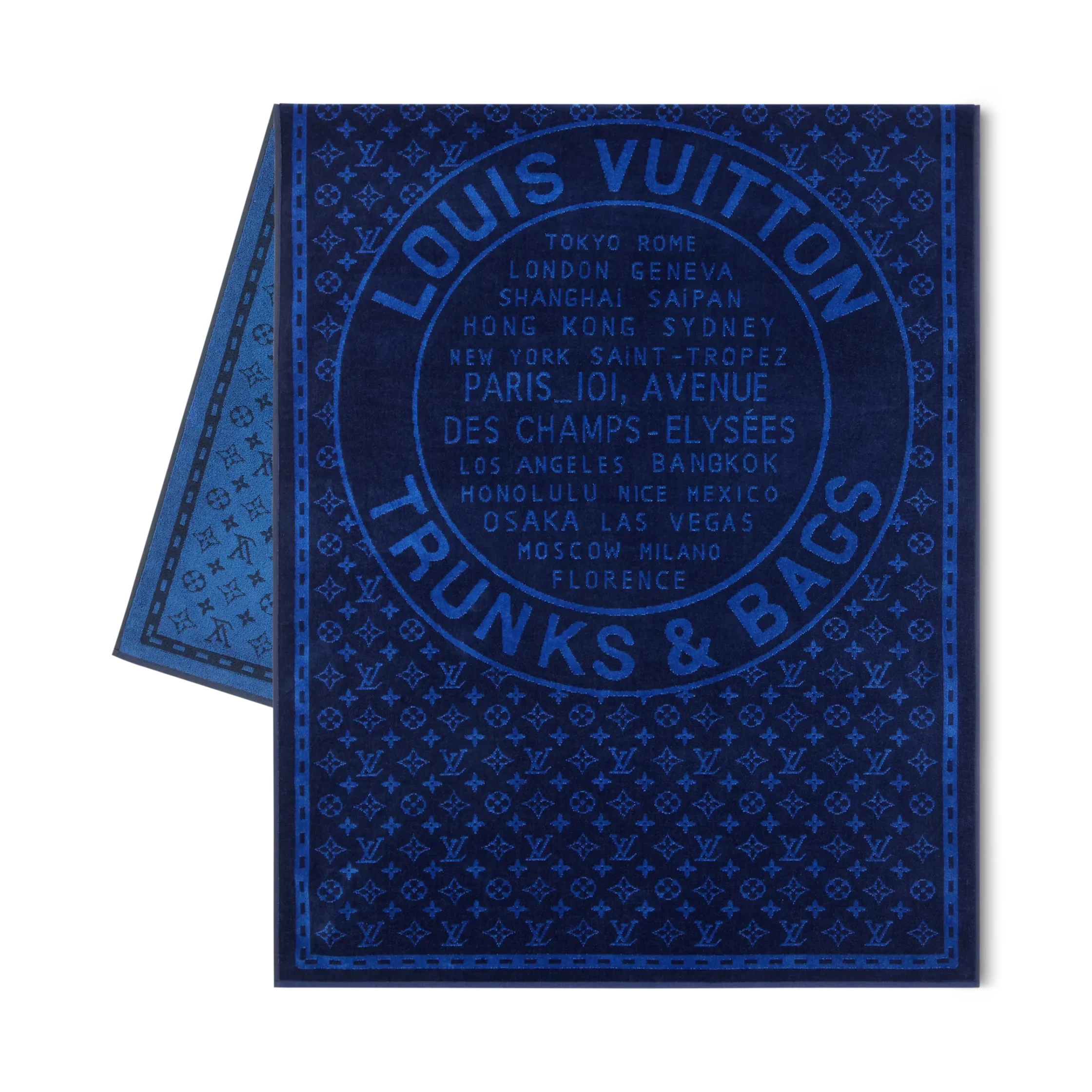 Blue Louis Vuitton booklet with circular logo and city names in a travel-theme design (Tokyo, Rome, London, Paris, etc.).