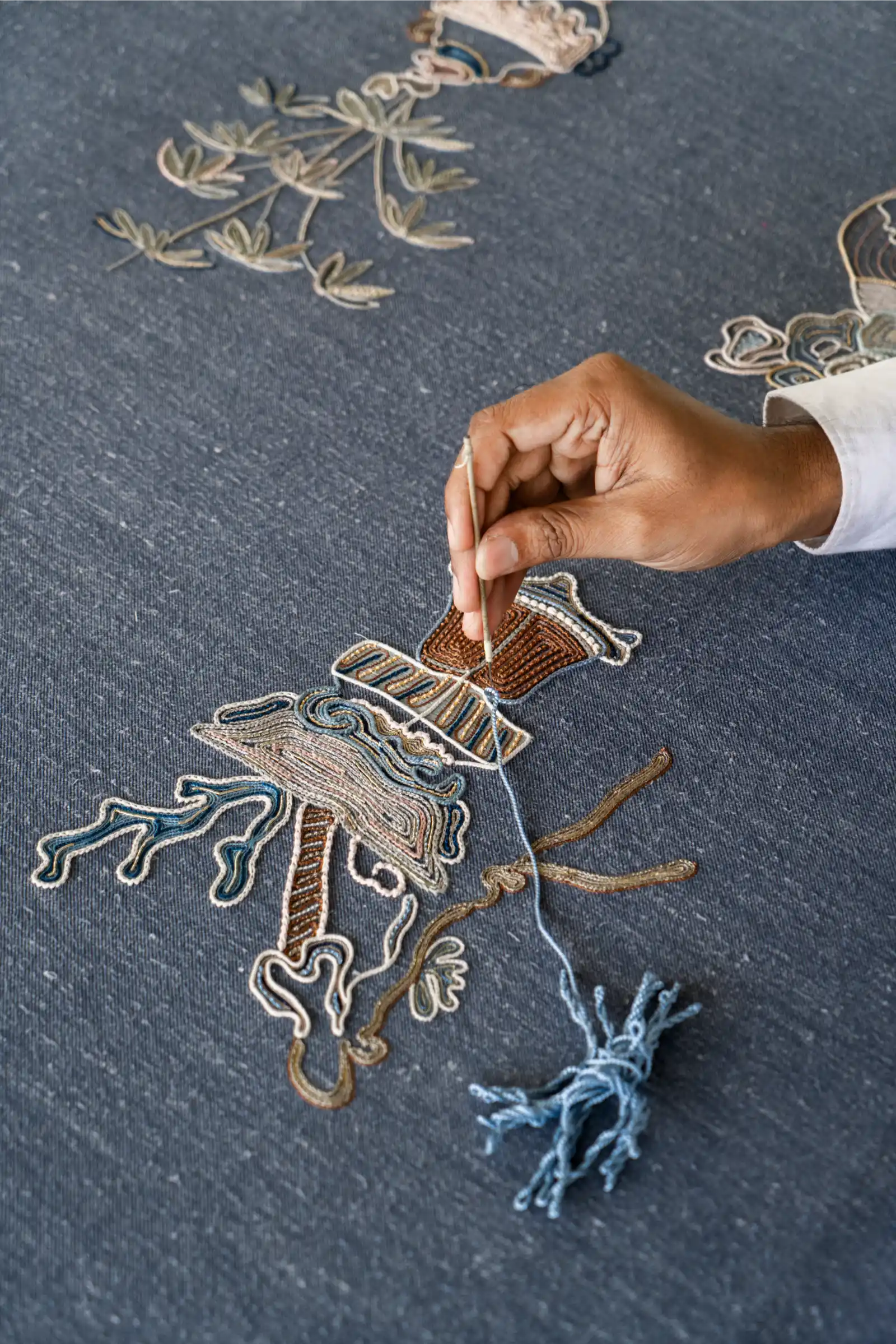 De Gournay's wallcoverings include embroidery crafts. Courtesy of de Gournay