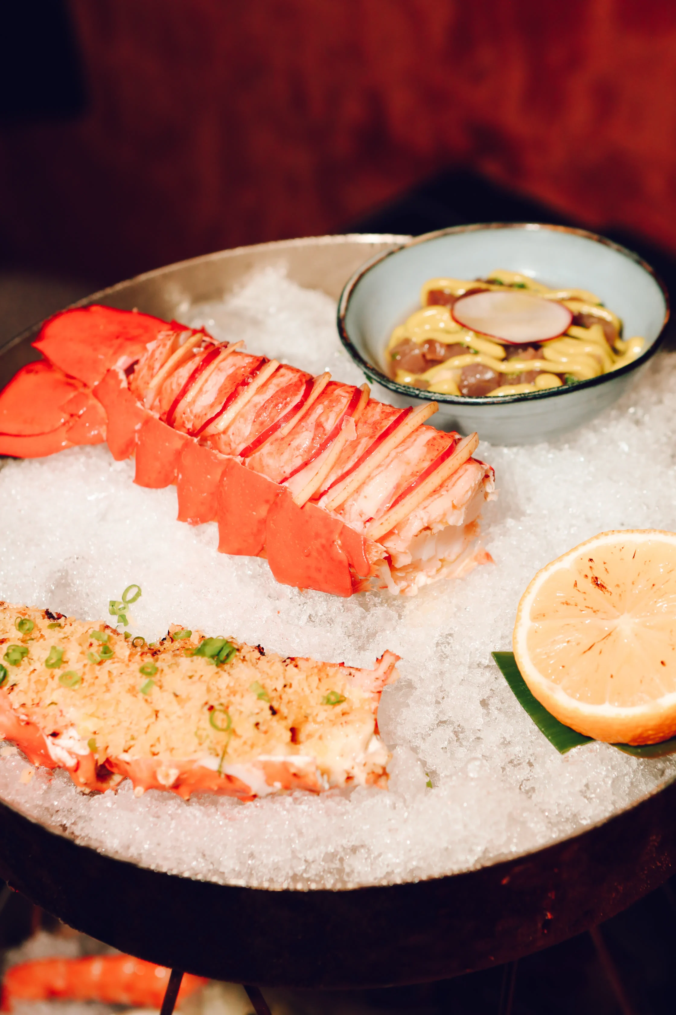 Lobster tail, tuna kilaw, and Alaskan King Crab leg. Excel Panlaque
