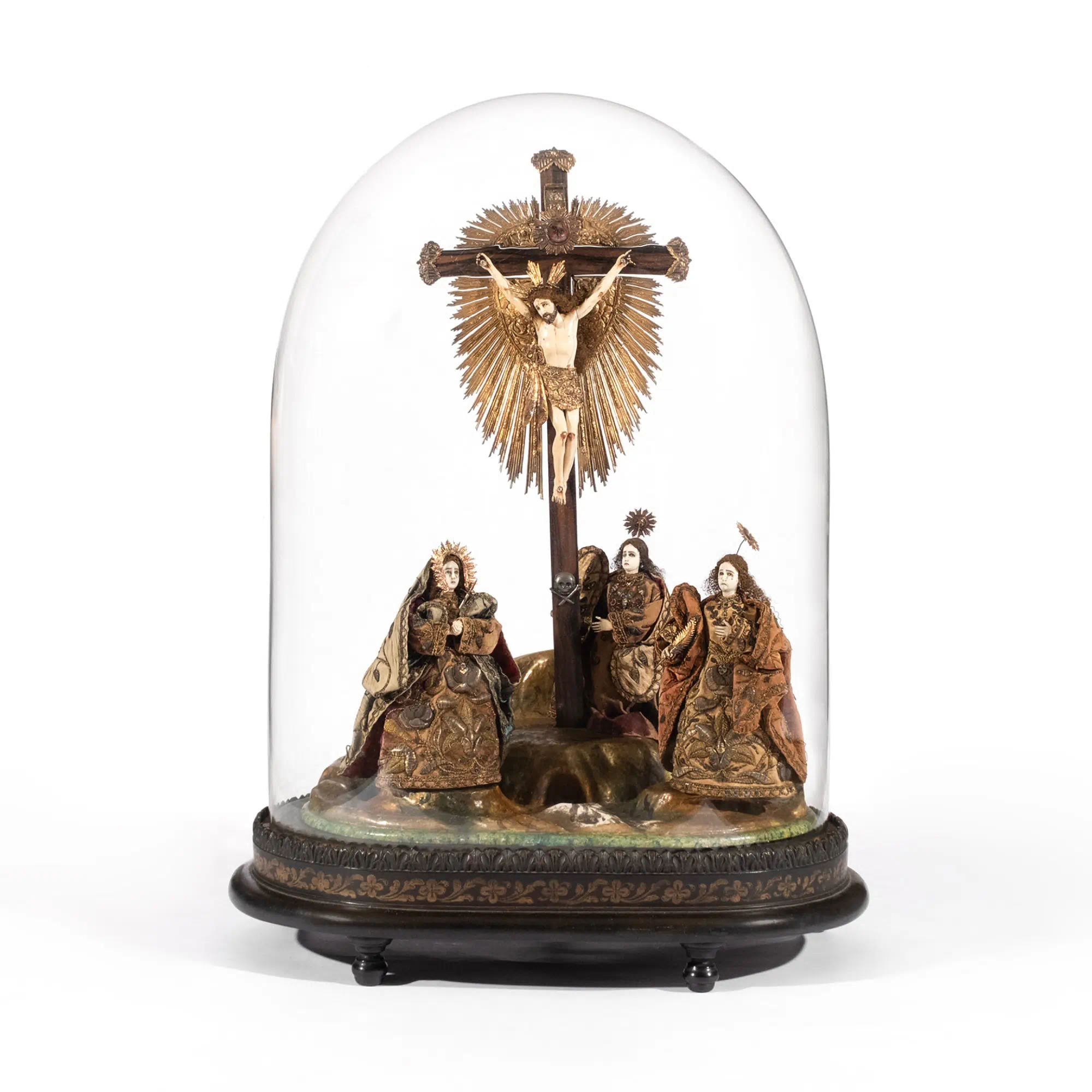 The Roxas Calvario, last quarter of the nineteenth century (1875–1900). Crucifixion scene with Jesus Christ, the Blessed Virgin Mary, Saint John the Evangelist, and Saint Mary Magdalene. Ivory, kamagong wood (Diospyros discolor/Diospyros blancoi), 14K gold (or higher). Courtesy of Leon Gallery